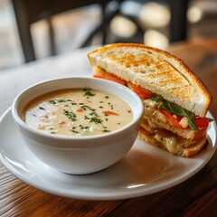 Creamy soup and grilled cheese sandwich combo