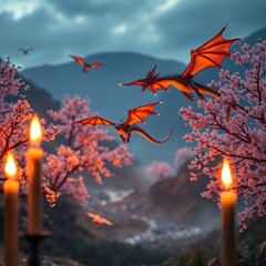 Dragons Flying Over Cherry Blossoms at Dusk