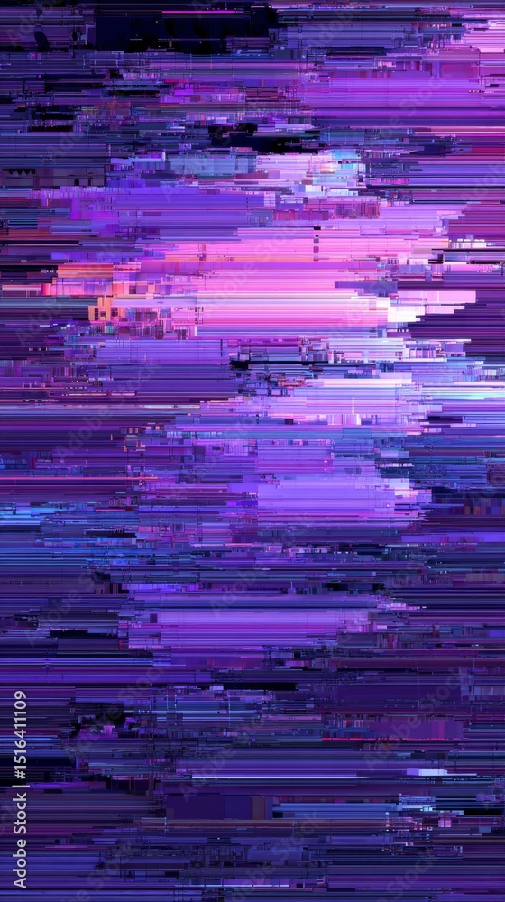 Poster exploration of a mesmerizing purple glitch texture that dances with digital art elements and evokes 