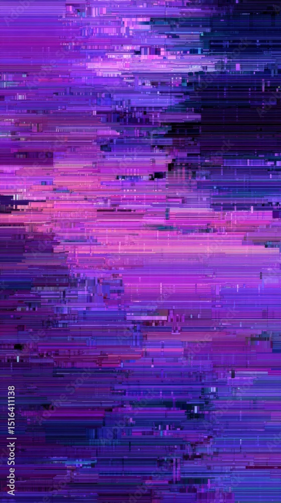 Poster exploration of vibrant purple glitch textures revealing abstract patterns in a mesmerizing digital l