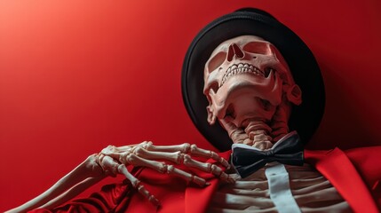 A stylish skeleton dressed in a dapper red suit and black hat strikes a fashionable pose, blending spooky elements with high fashion in a playful manner.