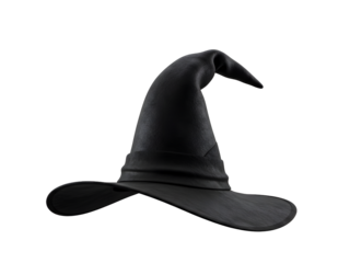A spooky yet stylish black witch hat featuring a tall pointed crown, a long tail, and a wide brim with a classic decorative buckle—perfectly isolated on a transparent PNG background for Halloween cost