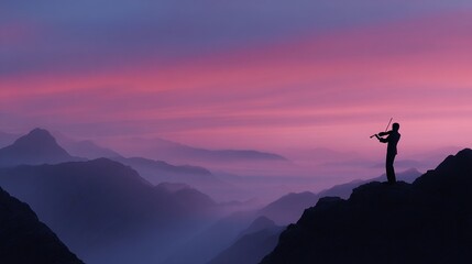 A serene figure plays the violin on a mountain peak against a pink and purple sunset. This inspiring scene captures the essence of music and nature in harmony.