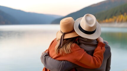Fototapeta premium Embracing by the mountain lake at sunset