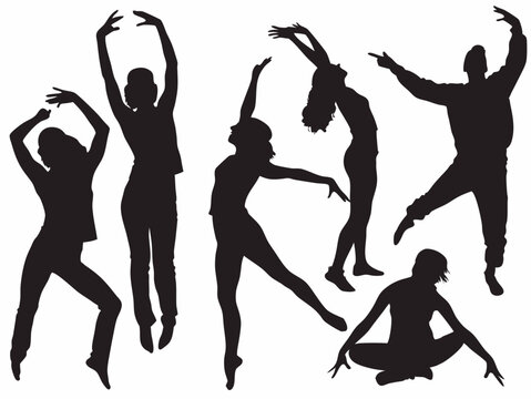Silhouette dancers vector art featuring various dance poses and artistic movement for design projects
