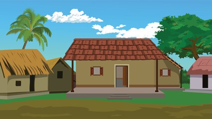 Cartoon Indian Village Scene with Tiled House, Thatched Huts, Coconut Tree, Clay Structures, Rural Background, Countryside Homes, Farming Village Life, Traditional Architecture, Flat Vector Illustrati