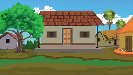 Traditional Indian Village Scene with Tiled Roof House, Mud Hut, Thatched Home, Palm Trees, Rural Background, Native Lifestyle, Flat Cartoon Illustration, Countryside Architecture, Farming Area Art

