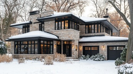 An elegant stone clad home embracing winter s beauty where snow blankets the roofs creating a serene tranquil scene in