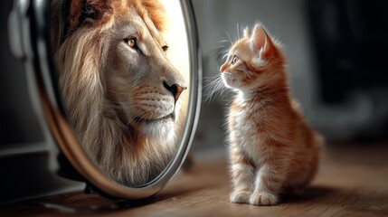 Cute Cat Gazes Into a Mirror, Discovering an Enormous Lion's Reflection, Illustrating the Contrast Between Small and Mighty With a Touch of Whimsy and Inspiration