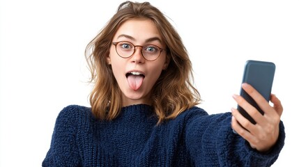 A young woman with glasses sticks out her tongue while taking a selfie
