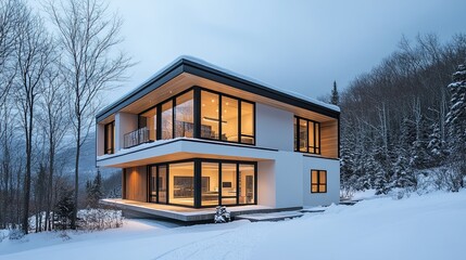 Winter refuge in a modern architectural marvel a haven of warmth and light amidst a snowy forest offering breathtaking