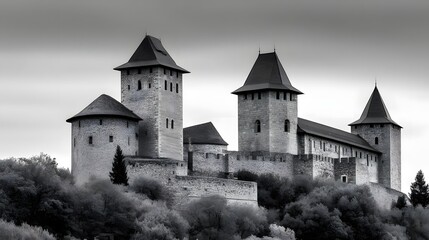 Fototapeta premium Dramatic medieval castle on a forested hillside with a brooding sky.