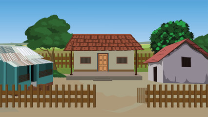 Colorful Indian Village Illustration with Tiled Roof Home, Mud House, Metal Sheet House, Country Fence, Trees, Rural Landscape, Farming Scene, Village Buildings, Native Architecture, Flat Vector Art

