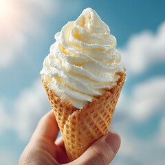 Handheld Vanilla Ice Cream Cone, Sunny Sky