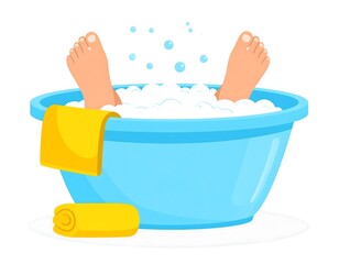 Child's feet in a blue plastic tub filled with suds. A yellow towel lies beside it