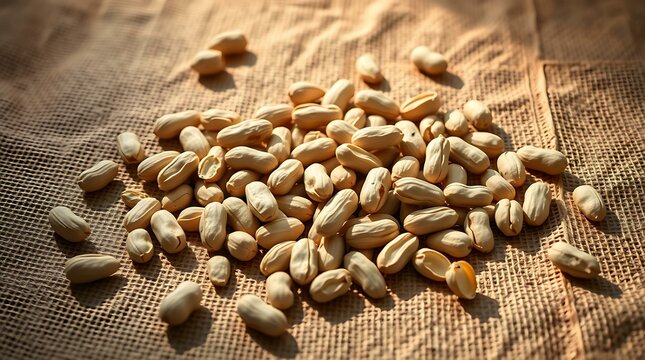 Peanuts in shell scattered across a burlap fabric with soft lighting
