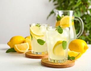 Fototapeta premium Two glasses of refreshing lemonade with mint sprigs and lemon slices sit on coasters beside a pitcher and fresh lemons, set against a tropical backdrop of palm leaves.