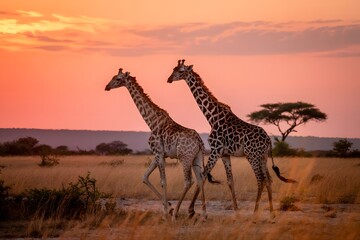 Obraz premium Two giraffes walking at sunset in african savanna