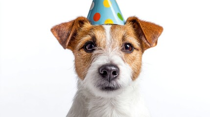 Dog wearing party hat, serious expression