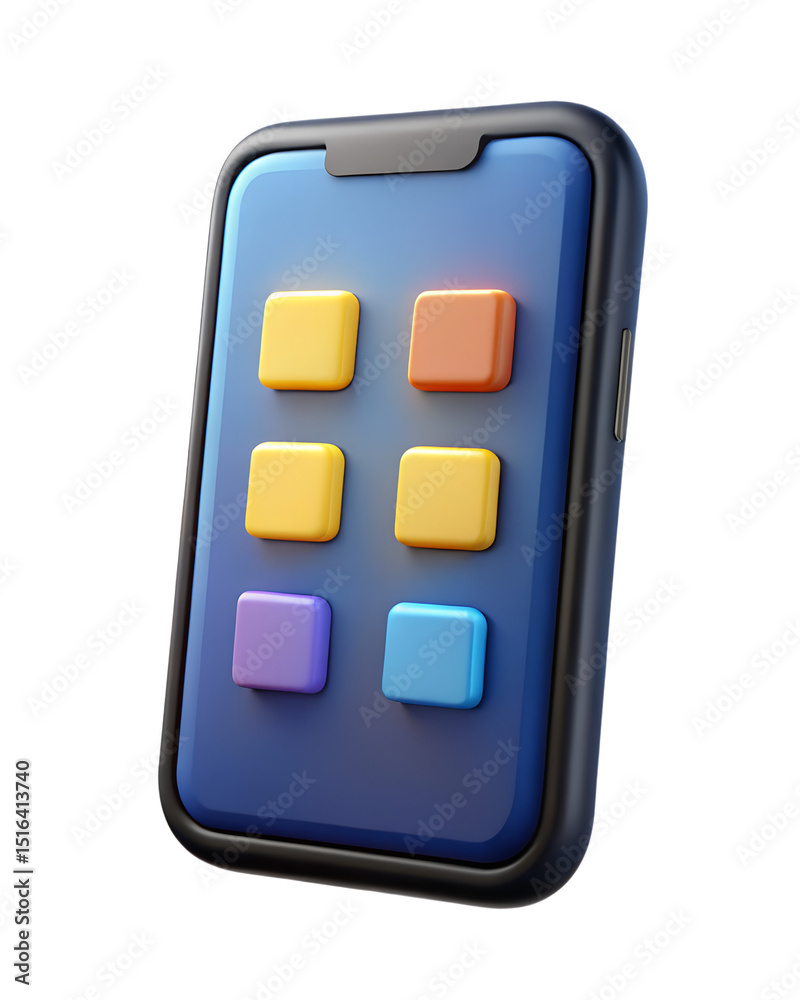 Aufkleber Modern smartphone screen with colorful square application icons presented in a stylish 3d rendering on a transparent surface.