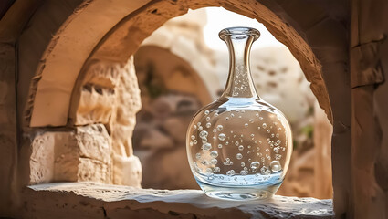 Elegant clear glass bottle with delicate air bubbles, minimalist still life in a rustic stone window arch