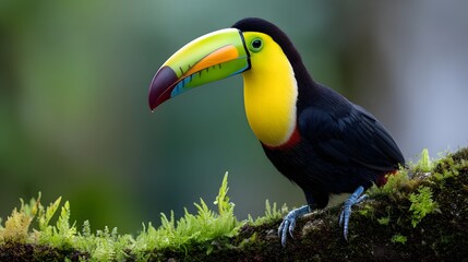 Fototapeta premium Vibrant toucan perched on mossy tree in lush rainforest