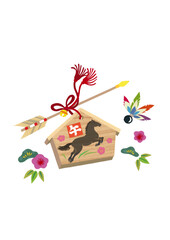 切り絵で作った巳年の絵馬(黒馬）　破魔矢と松竹梅と羽根付き	