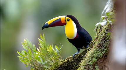 Fototapeta premium Vibrant toucan perched on a mossy tree in the rainforest