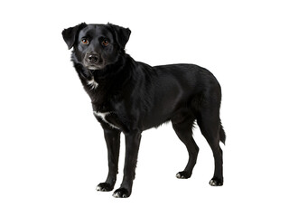 Obraz premium A high-quality isolated image of a striking black Rottweiler dog with white markings, standing alert and attentive against a transparent background, perfect for pet-related designs, marketing, and ani