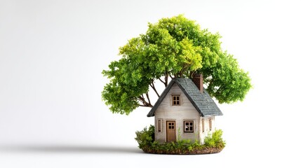 Miniature cottage nestled beneath a lush tree