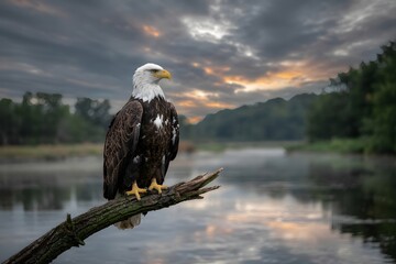 Obraz premium Majestic bald eagle at sunrise by the river