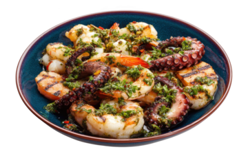 Grilled Seafood Platter with Herb Sauce Shrimp, Octopus, and More