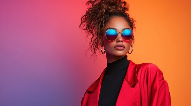 A striking fashion portrait of a model wearing sunglasses and a vibrant red jacket, set against a colorful gradient background, showcasing modern style and confidence.