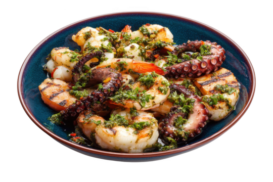 Grilled Seafood Platter with Herb Sauce Shrimp, Octopus, and More