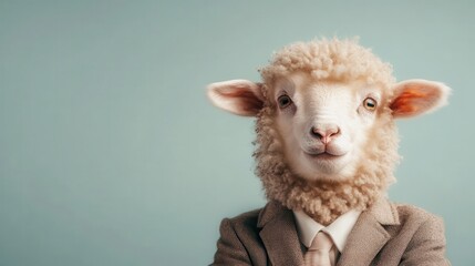 An amusing digital creation of a sheep wearing a business suit that humanizes the animal, exploring themes of identity, whimsy, and the blending of animal and human traits.