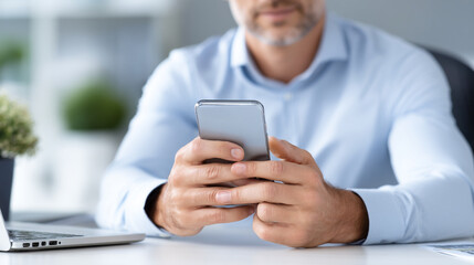 Businessman using smartphone at desk, modern office scene.