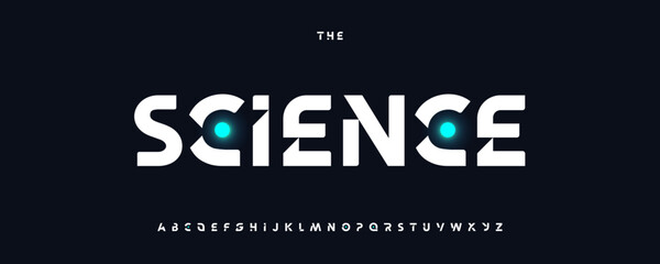Cyberpunk techno alphabet, geometric glow letters, robotic display font for scifi, data science, cyber security headline and logo, digital interface typography, machine learning design. Vector typeset © artyway