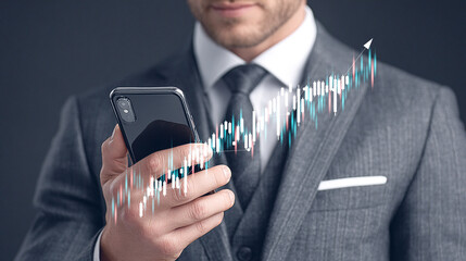 Businessman trading on smartphone with stock chart and digital financial data