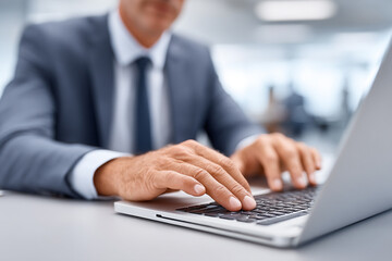 Close-up of businessman hands typing on laptop keyboard in office.