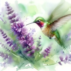 Hummingbird and Lavender A Watercolor Floral Study