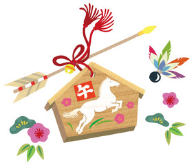 切り絵で作った巳年の絵馬(白馬）　破魔矢と松竹梅と羽根付き	