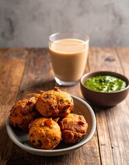 Traditional Indian pakoras with green chutney and masala chai tea on wooden table - authentic street food snacks and spiced tea for cultural cuisine