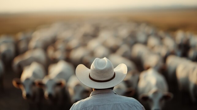 A serene moment capturing a cowboy in a wide-brimmed hat guiding a large herd of cattle across a golden landscape, framed by the warm hues of a setting sun.