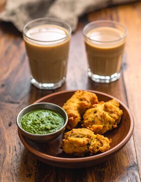 Traditional Indian pakoras with green chutney and masala chai tea on wooden table - authentic street food snacks and spiced tea for cultural cuisine