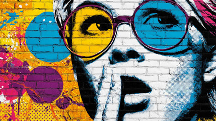 Pop Art street art mural on a brick wall, woman mural