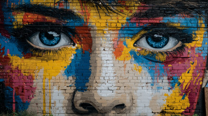 Pop Art street art mural on a brick wall, woman mural
