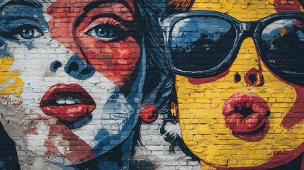 Pop Art street art mural on a brick wall, woman mural