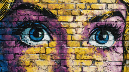 Pop Art street art mural on a brick wall, woman mural