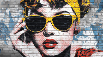 Pop Art street art mural on a brick wall, woman mural