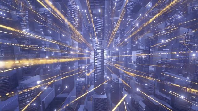 Abstract cityscape vertical firewalls rise skyscrapers. Sudden digital rainstorm begins raindrop line of malicious code. Firewalls real time, repelling attacks glowing ripples. Scene cycles calm storm